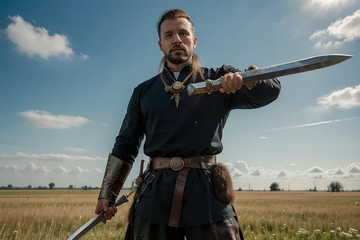 painting of a man holding a sword in a hey field with a sky background, inspired by Pál Szinyei Merse, inspired by János Saxon-Szász, inspired by Roman Bezpalkiv, inspired by Mārtiņš Krūmiņš, ancient slavic, COSSACKS, COSSACK, ukrainian man, cossack with a...