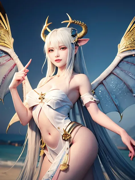 Close-up of a woman with white hair and stunning face，White-haired God，huge ，epic beautiful characters，Amazing goddess，long legs，Yuzu控，nipple，whole body，horns on head，鳞片布满whole body，Wings are born on the back，Dragon Queen，dragon girl，no clothes，上半身no cloth...