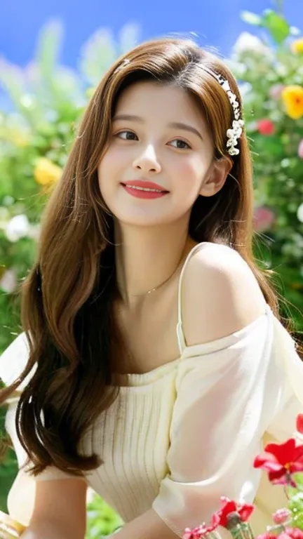 1 girl, hairpins, earrings, jewelry, brown hair, looking at the audience, lips, playful, sitting in front of the drawing board, painting, thighs, whole body, in a sea of flowers or on the beach, she is wearing a white long dress, slightly sideways face, ha...