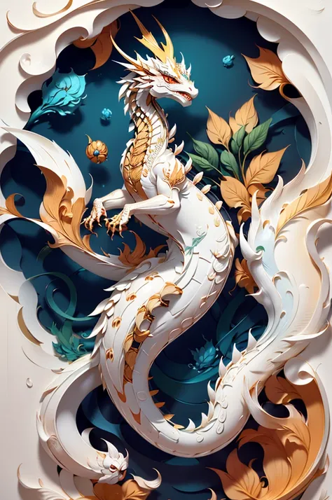 photo of a painted, white porcelain dragon, intricate details
