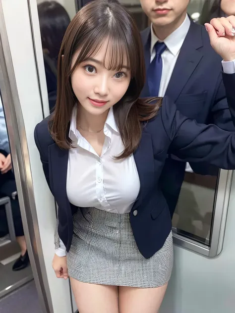 Casual office woman、suit、tight mini skirt、in the train、both hands behind back、being molested、whole body、highest quality、super detailed、Super high resolution、(Photoreal:1.8)、almost 1、erotic face、looking at the viewer、laughter、natural soft light、big breasts