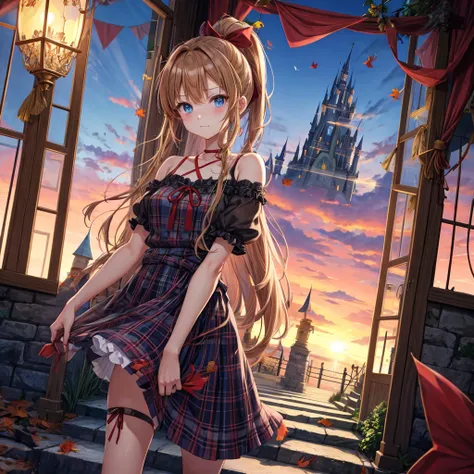 reddish-brown blonde、blue hair、blue eyes、ponytail、one good looking girl、solo、anime、Plaid miniskirt、camisole、black t-shirt、Tilting your face、Doing the ribbon、Ribbon at waist、sunset sky、broken stone steps、Remains、tunnel、Fallen leaves、Light and shadow、monster...