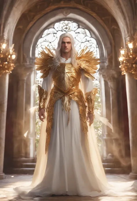 wear golden armor，red eyes，White haired male angel，Virtual stage design, purifying all angels, Surreal visual representation, Magnificent architecture, exquisite details,（blender, ok rendering, natural light, ray tracing, 8K）