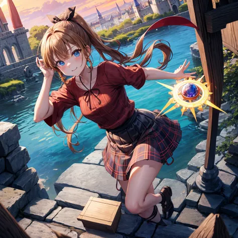 reddish-brown blonde、blue hair、blue eyes、ponytail、one good looking girl、solo、anime、Plaid miniskirt、camisole、black t-shirt、Tilting your face、Doing the ribbon、Ribbon at waist、sunset sky、broken stone steps、Remains、tunnel、Fallen leaves、Light and shadow、monster...