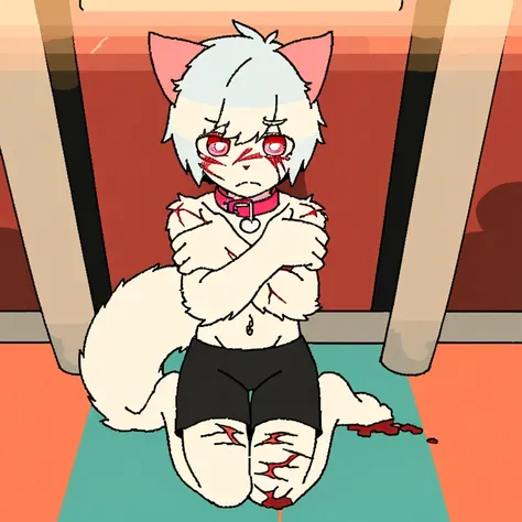 （4K，8k，best quality，meticulous details，DeliCate light，DeliCate short hair）Cat，white hair，There&#39;a bit strange，black shorts，Big blue striped tail，Kneeling on the ground，Shota，Wrists covered with scars，Bloodshot eyes，Pink collar，crazy，In the subway statio...