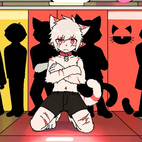 （4K，8k，best quality，meticulous details，DeliCate light，DeliCate short hair）Cat，white hair，There&#39;a bit strange，black shorts，Big blue striped tail，Kneeling on the ground，Shota，Wrists covered with scars，Bloodshot eyes，Pink collar，crazy，In the subway statio...