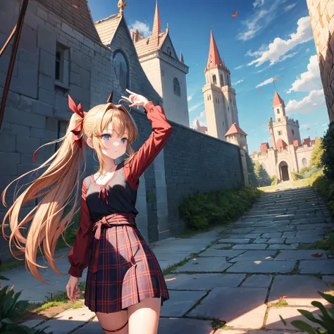 reddish-brown blonde、blue hair、blue eyes、ponytail、one good looking girl、solo、anime、Plaid miniskirt、camisole、black t-shirt、Tilting your face、Doing the ribbon、Ribbon at waist、sunset sky、broken stone steps、Remains、tunnel、Fallen leaves、Light and shadow、monster...