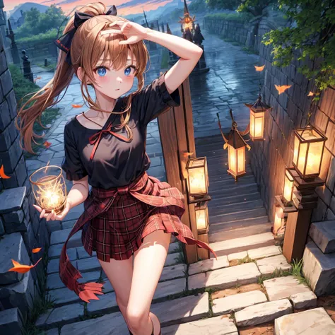 reddish-brown blonde、blue hair、blue eyes、ponytail、one good looking girl、solo、anime、Plaid miniskirt、camisole、black t-shirt、Tilting your face、Doing the ribbon、Ribbon at waist、sunset sky、broken stone steps、Remains、tunnel、Fallen leaves、Light and shadow、monster...