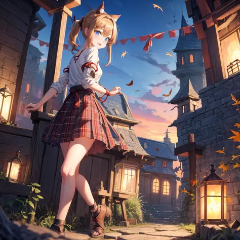 reddish-brown blonde、blue hair、blue eyes、ponytail、one good looking girl、solo、anime、Plaid miniskirt、camisole、black t-shirt、Tilting your face、Doing the ribbon、Ribbon at waist、sunset sky、broken stone steps、Remains、tunnel、Fallen leaves、Light and shadow、monster...