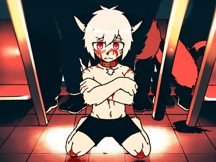 （4K，8k，best quality，meticulous details，DeliCate light，DeliCate short hair）Cat，white hair，There&#39;a bit strange，black shorts，Big blue striped tail，Kneeling on the ground，Shota，Wrists covered with scars，Bloodshot eyes，Pink collar，crazy，In the subway statio...