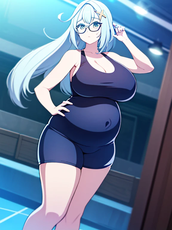 (Very high quality, detailed) A full body image of a pregnant girl wearing a sports bra, very thight shorts and glasses, shes standing barefoot and has very big breasts, long hair, a round belly and a pretty thick body. She has her hands on her belly and h...