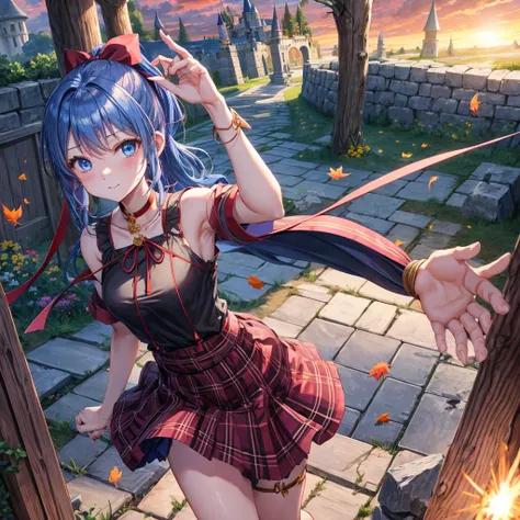 reddish-brown blonde、blue hair、blue eyes、ponytail、one good looking girl、solo、anime、Plaid miniskirt、camisole、black t-shirt、Tilting your face、Doing the ribbon、Ribbon at waist、sunset sky、broken stone steps、Remains、tunnel、Fallen leaves、Light and shadow、monster...