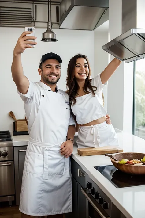 Create a photo of two chefs, a man and a woman, taking a selfie in a restaurant kitchen. The man and woman chefs are happily smiling as they capture a selfie in the restaurant kitchen. They are wearing high-quality chef uniforms and surrounded by kitchen u...