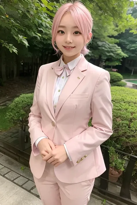 18 year old girl,light pink hair,smile,half face,Japanese,Guide,round eyes,suit