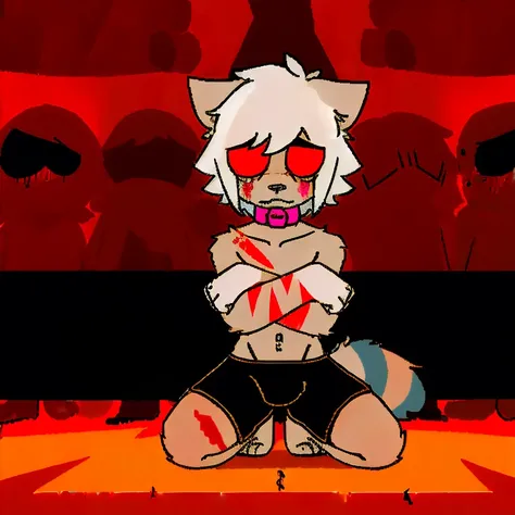 （4K，8k，best quality，meticulous details，DeliCate light，DeliCate short hair）Cat，white hair，There&#39;a bit strange，black shorts，Big blue striped tail，Kneeling on the ground，Shota，Wrists covered with scars，Bloodshot eyes，Pink collar，crazy，In the subway statio...