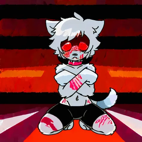 （4K，8k，best quality，meticulous details，DeliCate light，DeliCate short hair）Cat，white hair，There&#39;a bit strange，black shorts，Big blue striped tail，Kneeling on the ground，Shota，Wrists covered with scars，Bloodshot eyes，Pink collar，crazy，In the subway statio...