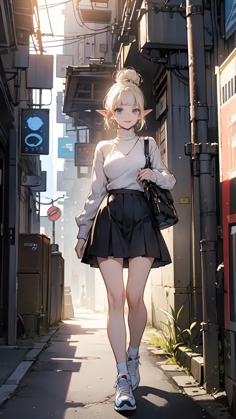 (1 elf girl), (beauty elf girl), (super high quality), masterpiece, casual scene, relaxed atmosphere, She is wearing a trendy tech wear outfit, ((stylish sweaters and skirts)), With comfortable sneakers, The sun&#39;s rays give off warm colors, Street atmo...