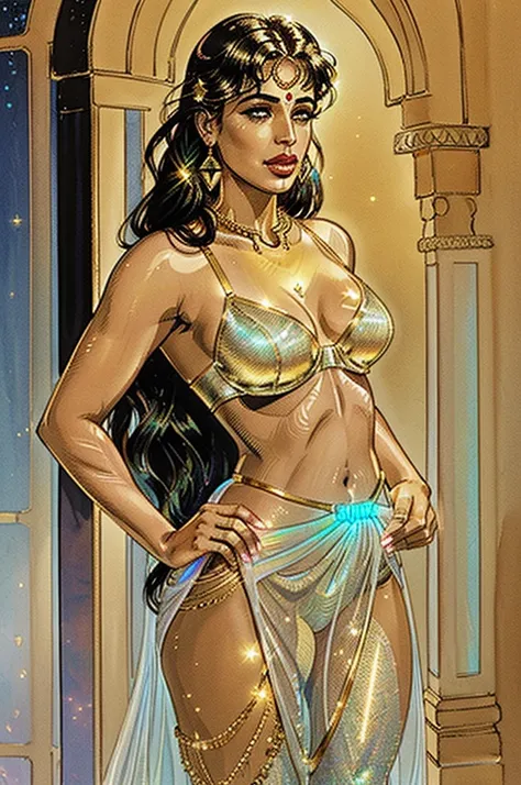 illustration, indian ifbb, (translucent shimmering dress), (reflective gold shiny bra), (glowing iridescent thong), sheer arab pants, thick lips