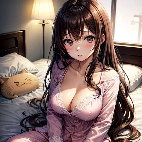 anime、beautiful girl、brown hair、black eyes shine、room、beautiful breasts、pajamas、Apologies、night