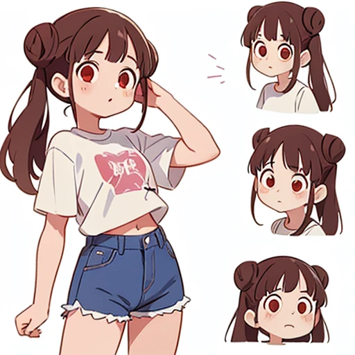 chiyoko sonoda, brown hair, (red eyes:1.5), hair bun, long hair, double bun, sidelocks, white background, purple jeans, shorts, ...