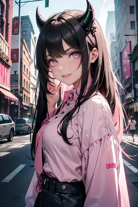 ((1 girl)), latest trend clothes, Street fashion,cowboy shot,((Super detailed,highest quality, High resolution, 8k wallpaper, beautiful clothes,)),((black hair, long hair,straight hair,two side up)) (green eyes),two red horns on head, double teeth, evil sm...