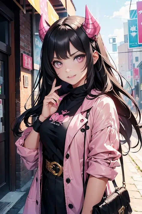 ((1 girl)), latest trend clothes, Street fashion,cowboy shot,((Super detailed,highest quality, High resolution, 8k wallpaper, beautiful clothes,)),((black hair, long hair,straight hair,two side up)) (green eyes),two red horns on head, double teeth, evil sm...