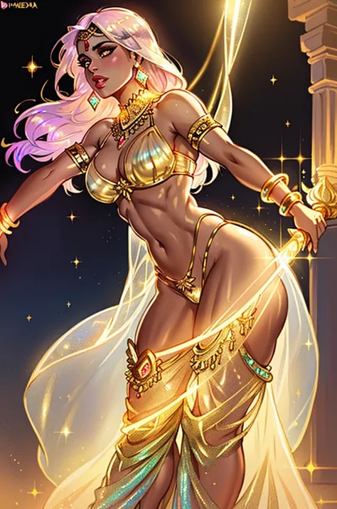 illustration, indian ifbb, (translucent shimmering dress), (reflective gold shiny bra), (glowing iridescent thong), sheer arab pants, thick lips