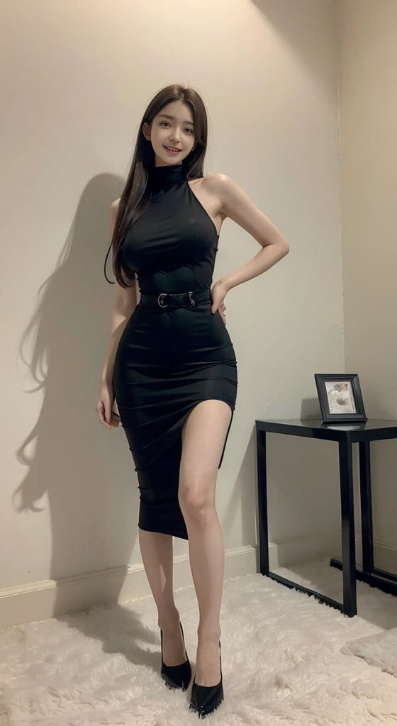 1 sister，cute，black hair，14 years old，smile，simple girl，see through clothing，photography，Real shot，diathesis，Well-developed face，whole body，huge，low cut，lengthen waist，thin legs，long legs，wear high heel shoes，Put it manually behind your back，In the room，Be...