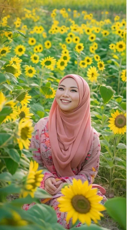 Malay girl in long hijab wear baju kurung, pastel color, kneeling in sunflower field, windy, blown her hijab, front view, detail skin, detail skin texture, mole below eyes, small breast, wide hips, small waist, thick thigh, slim abs, beautiful body, sunris...