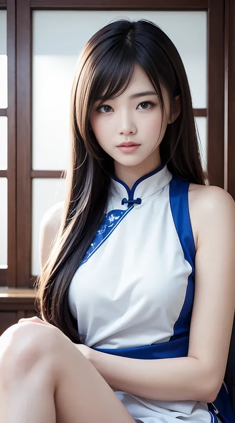 （Blue and white porcelain style：1.6），white backgrounid，1 Chinese girl with long hair，Oriental elements，reasonable design，Clear lines，（Linear，Mono Color）
