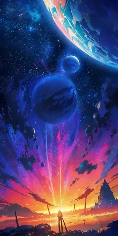 Animated scene of a planet with stars in the sky, space sky. by makoto shinkai, infinite universe in the background, beautiful space, makoto shinkai cyril rolando, Beautiful artwork illustration, 4K high-definition digital art, heavenly planets on the back...