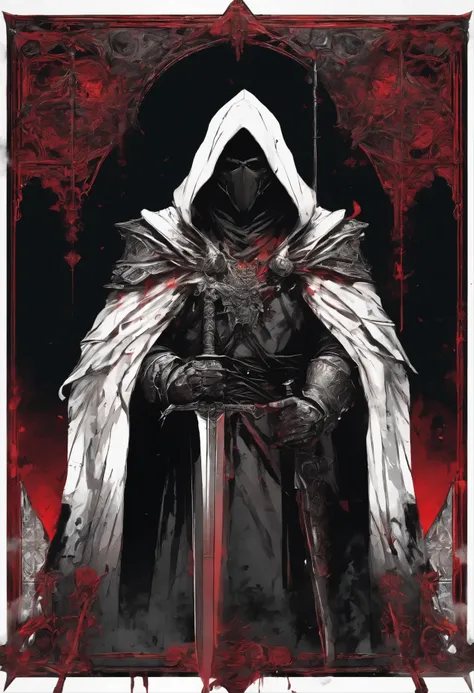 Priest Warrior, his two hands are holding two great dark blades that scrap the floor, full body, 2 red lights are coming from his eyes, dark fantasy style, Clothes and armor dyed in black, with a hood thats masking his face,