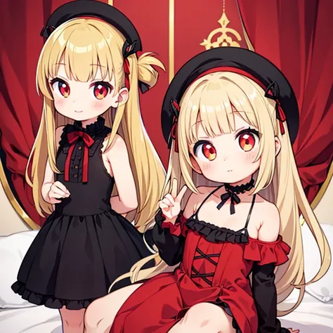 young girl,short,blonde long hair,vampire,crimson eyes,tooth,red,dress,flat chest,cute,confident look