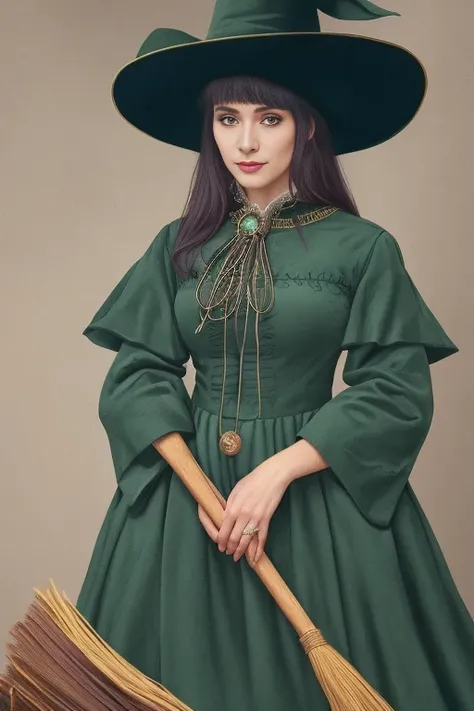 Naughty Witch, smile, Mysterious atmosphere, Dressed in a dark green velvet dress to match the hat with gold trim, In the hands of a broom, Detailed study, High quality