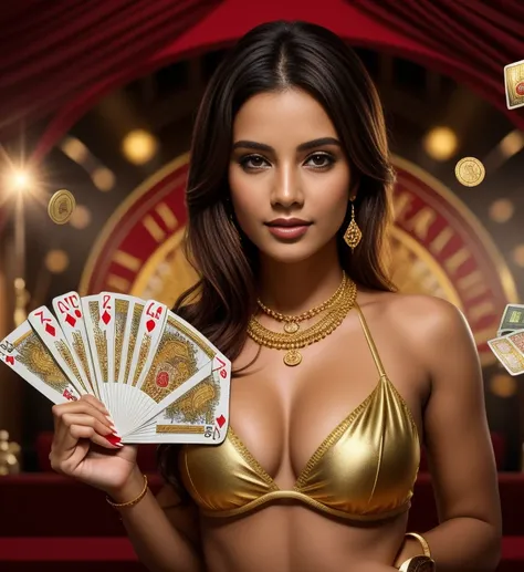 arafed woman holding a fan of money and a cassino card, online cassino logo, ouro and red, cassino, indoor cassino, red and ouro, Molly million, mulher mesmer sedutora, holding ouro, ouro, imagem promocional, bandeira, jogos, um atrativo, jogatina, red and...