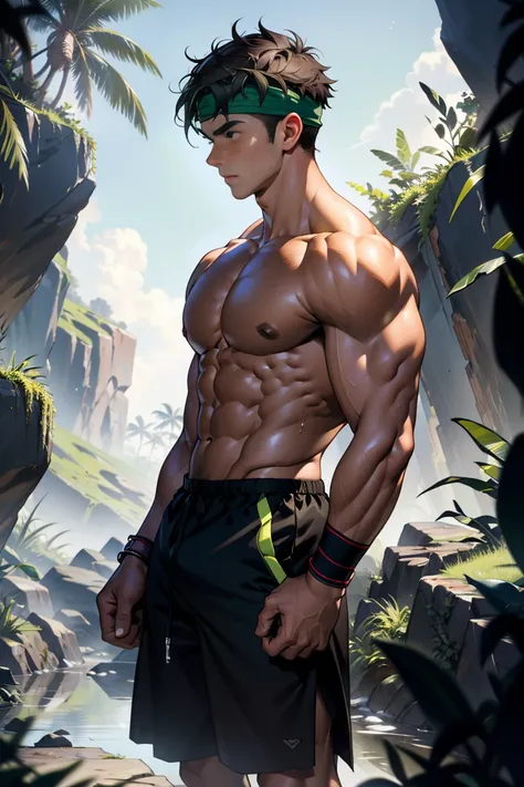 (Masterpiece, Best quality, 18 year old boy, 8k, ultra-detailed), (from behind, looking away, upper body, monolid eyes, thin lips), 1 boy, solo, Young, (teenager), (Dark Short straight hair, under cut), black eyes, full bodyesbian, (Shirtless), topless, (G...