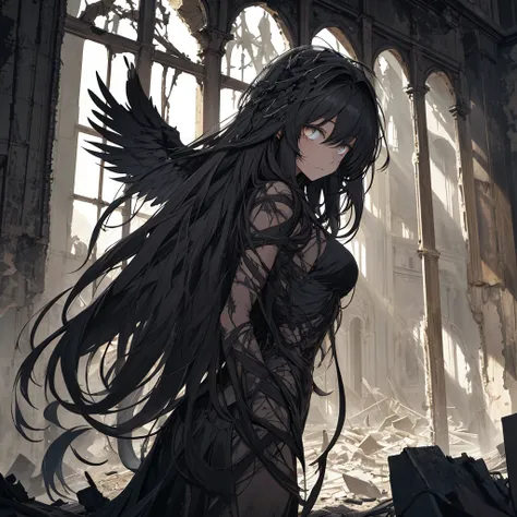 In the heart of a desolate, moonlit landscape, a fallen angel girl is portrayed with sorrowful eyes veiled behind a dark mask. She is dressed in tattered,black clothes, clinging to her emaciated figure like a second skin. Her once radiant wings, now shadow...