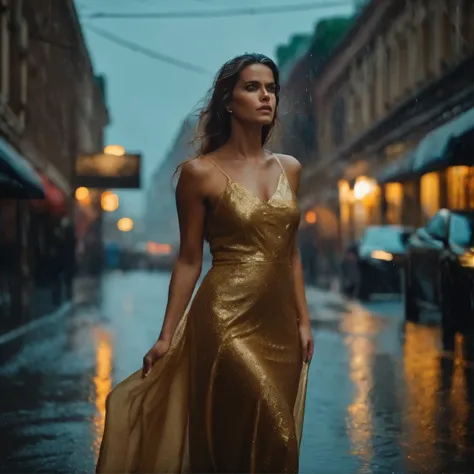 A woman with wet hair and a gold dress stands in the rain on a city street.