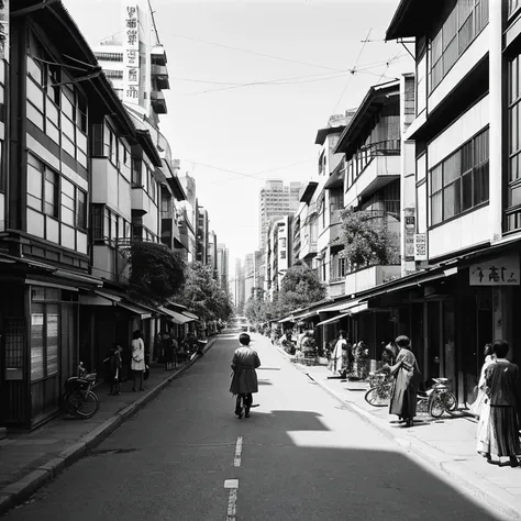 People&#39;s Republic of Japan　capital Tokyo　Rows of low Japanese-style buildings　　finely　wide boulevard　In 1960 　black and white image　People wear Japanese clothes