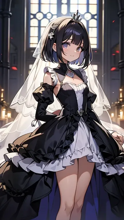 （masterpiece），（highest quality），（very detailed），（enlightenment），（ultra high resolution）, black hair, Anime adult woman wearing a wedding dress, anime style, 2D rendering of an anime adult woman, realistic young anime adult woman, Smooth anime CG art, tiara...