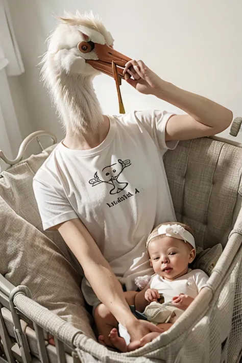 An cartoon stork bringing baby stork in a cradle. The first stork have arbiter t shirt