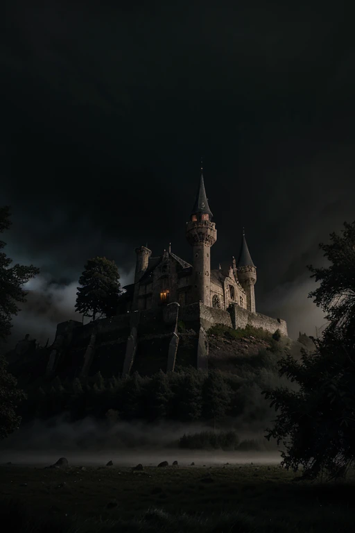 gloomy ancient castle surrounded by mist and darkness and dry trees on a dark gloomy night