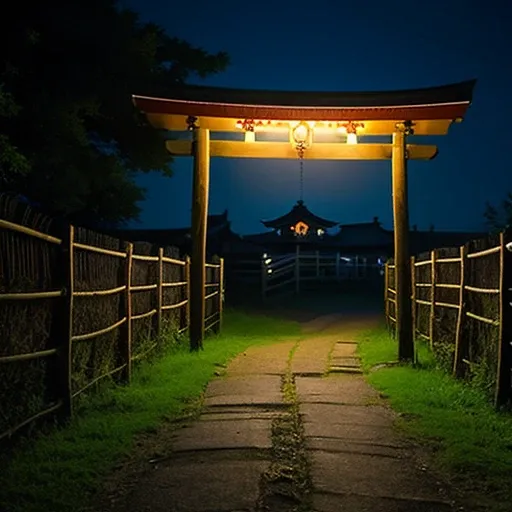 Night shrine、torii、countryside village、Blue-dark atmosphere