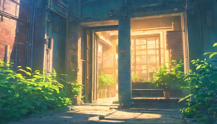 Tokyo cityscape,plant,Ruins where people no longer live,ruined city,with better quality,image of the entire city,shining door,A door that leads to another world