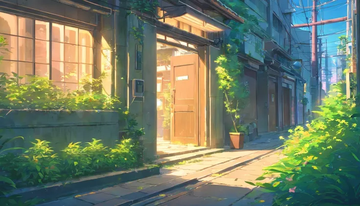 Tokyo cityscape,plant,Ruins where people no longer live,ruined city,with better quality,image of the entire city,shining door,A door that leads to another world