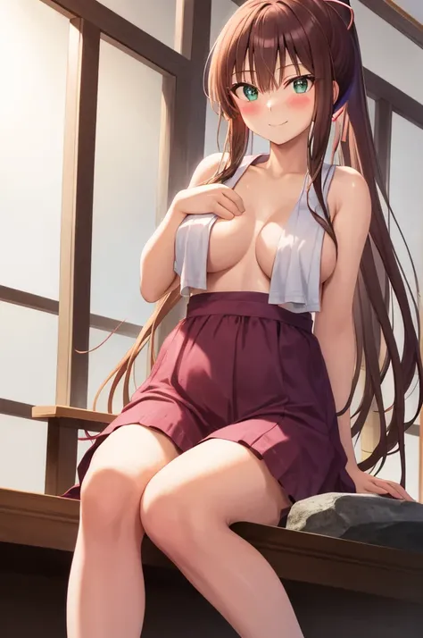 masterpiece, best quality, 1girl kirasaka sayaka high ponytail hair ribbon,BREAK medium breasts, crossed legs, sitting, looking at the viewer, onsen, stone, night, blush, smile, sitting BREAK medium breasts, crossed legs, sitting, looking at the viewer, on...