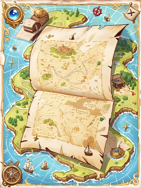 (奇怪的Treasure map:1.5)，Treasure map，((Treasure map from Raiders of the Lost Ark))，((map made of parchment:1.6))，(Treasure map)，Medieval map，unfinished edges，aged paper，Frayed edges，Yellowed and torn paper，hole in paper、Nautical symbols、intricate details、Car...