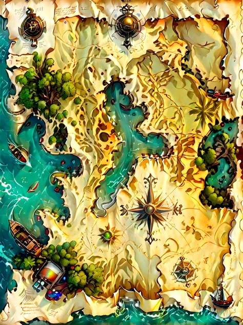 (strange treasure map:1.5),treasure map,((pirate treasure map from indiana jones)),((parchment map:1.6)),(treasure map),medieval map,undone edges,aged paper,worn edges,yellowed and torn paper,holes in paper,nautical symbols,intricate detail,cartography,orn...