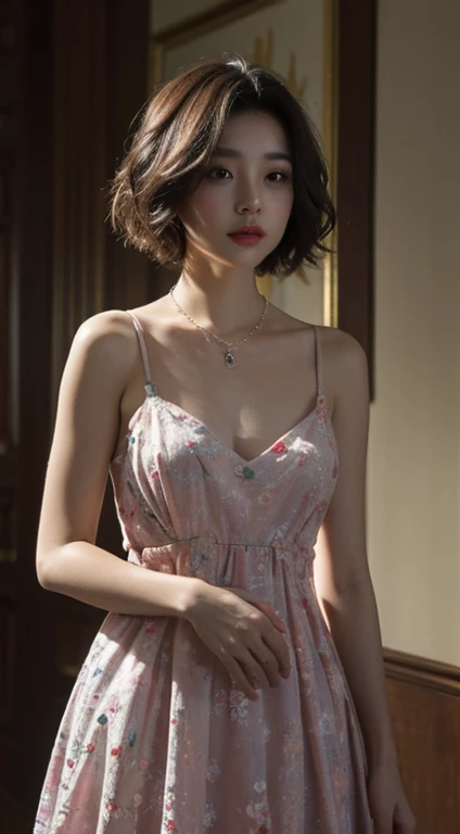 top-quality、​masterpiece、超A high resolution、(Photorealsitic:1.5)、Raw foto、1girl in、murky、deep-shadows、Unobtrusive、cold light、sexy appearance、shorth hair、((very_short_hair))、((Luxury evening dresses))、((Luxurious painting))、((Luxurious necklace))、((Floral h...