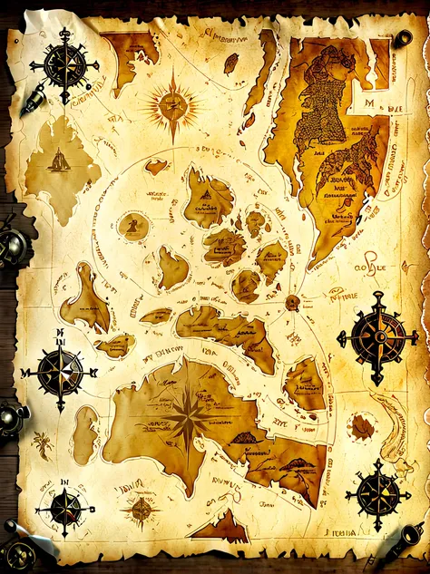 (strange treasure map:1.5),treasure map,((pirate treasure map from indiana jones)),((parchment map:1.6)),(treasure map),medieval map,undone edges,aged paper,worn edges,yellowed and torn paper,holes in paper,nautical symbols,intricate detail,cartography,orn...